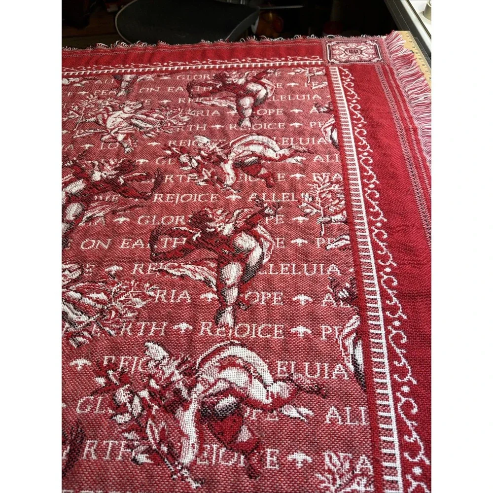 Vintage 90s Christmas Tapestry Blanket Red Angel Cherub Rejoice Peace on Earth